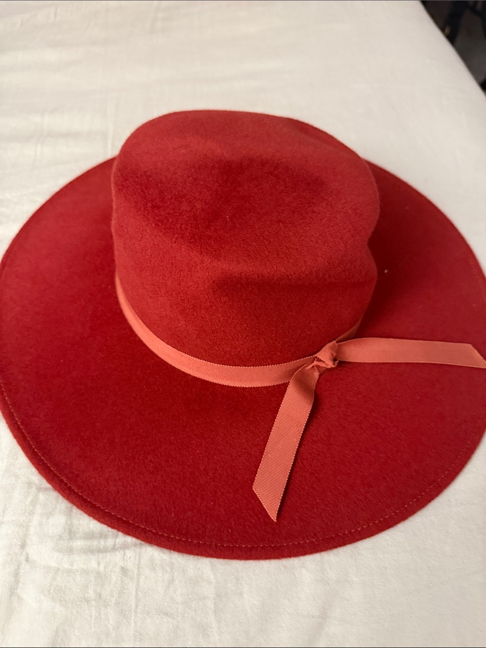 Vintage Red Wide-Brim Wool Felt Hat with Ribbon